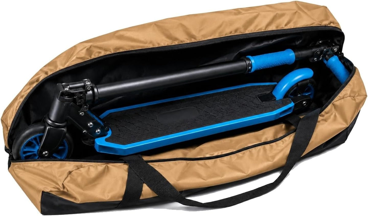Bolsa porta patinete elétrico Baslu caramelo aberta com patinete dentro