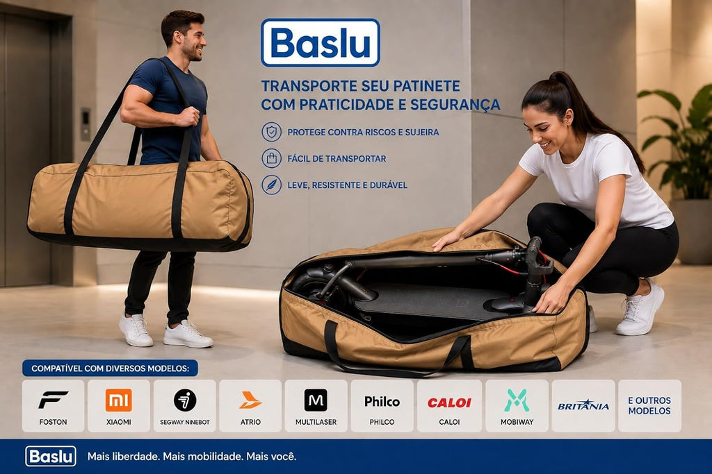 Casal transportando patinete elétrico na bolsa porta patinete Baslu caramelo