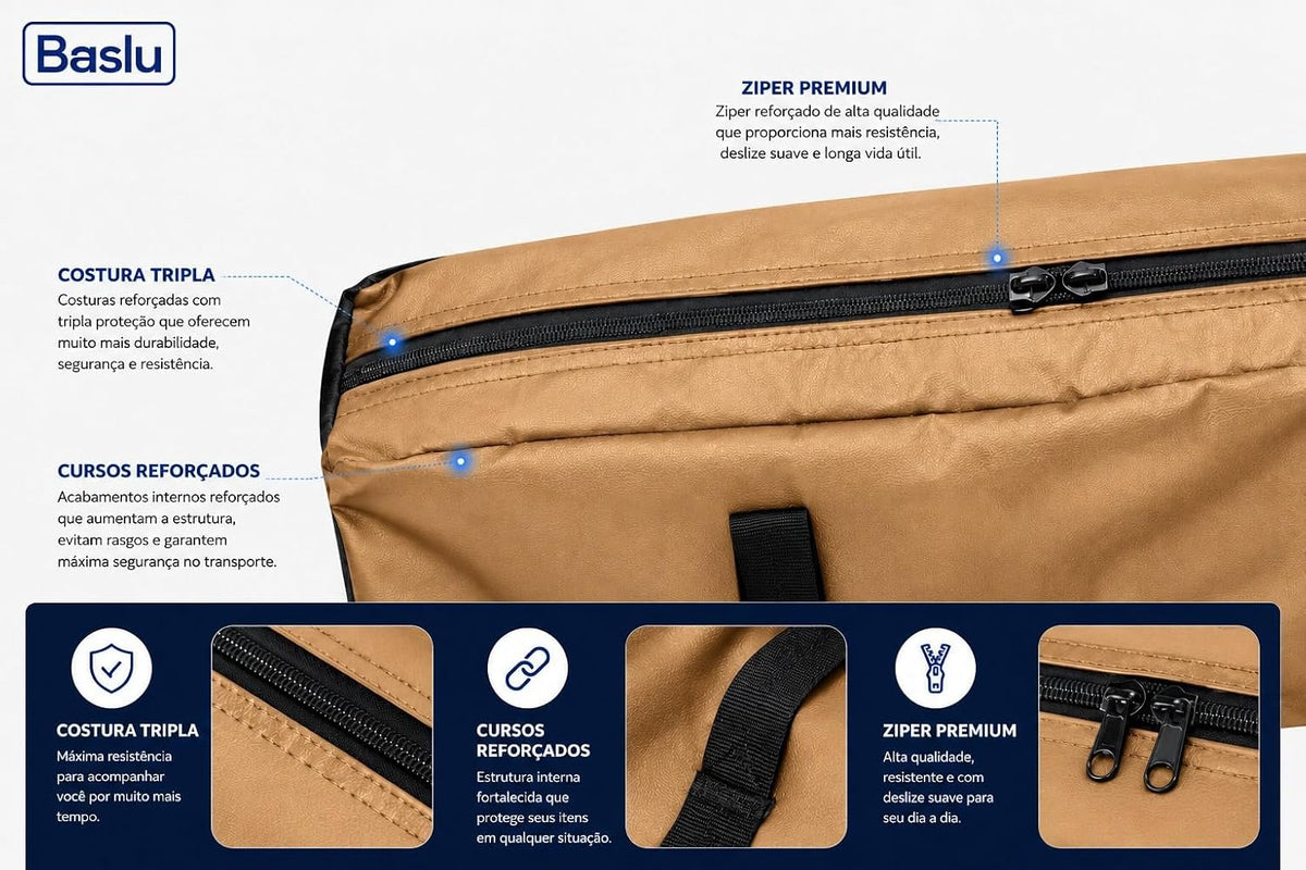 Detalhes da bolsa porta patinete Baslu caramelo: costura tripla, zíper reforçado e alças
