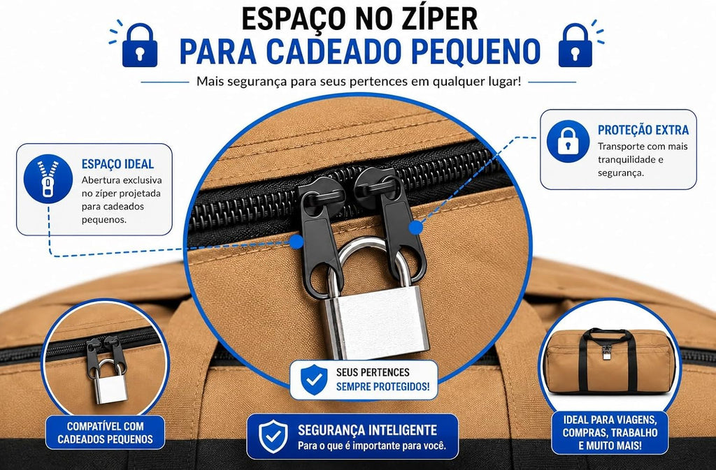 Zíper com espaço para cadeado pequeno na bolsa porta patinete Baslu caramelo