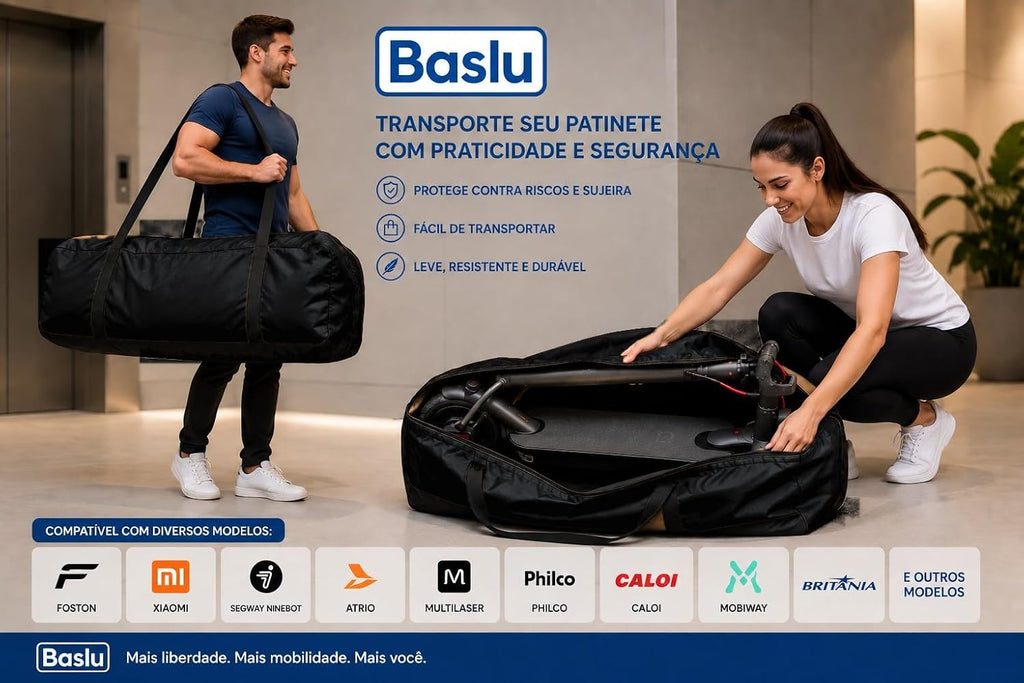 Casal transportando patinete elétrico na bolsa porta patinete Baslu preta