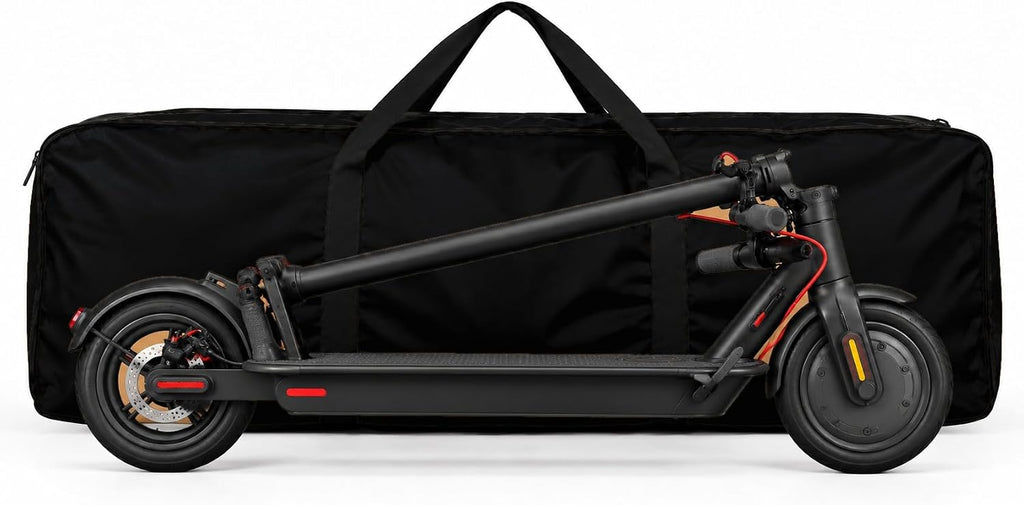 Bolsa porta patinete Baslu preta ao lado do patinete elétrico mostrando o tamanho
