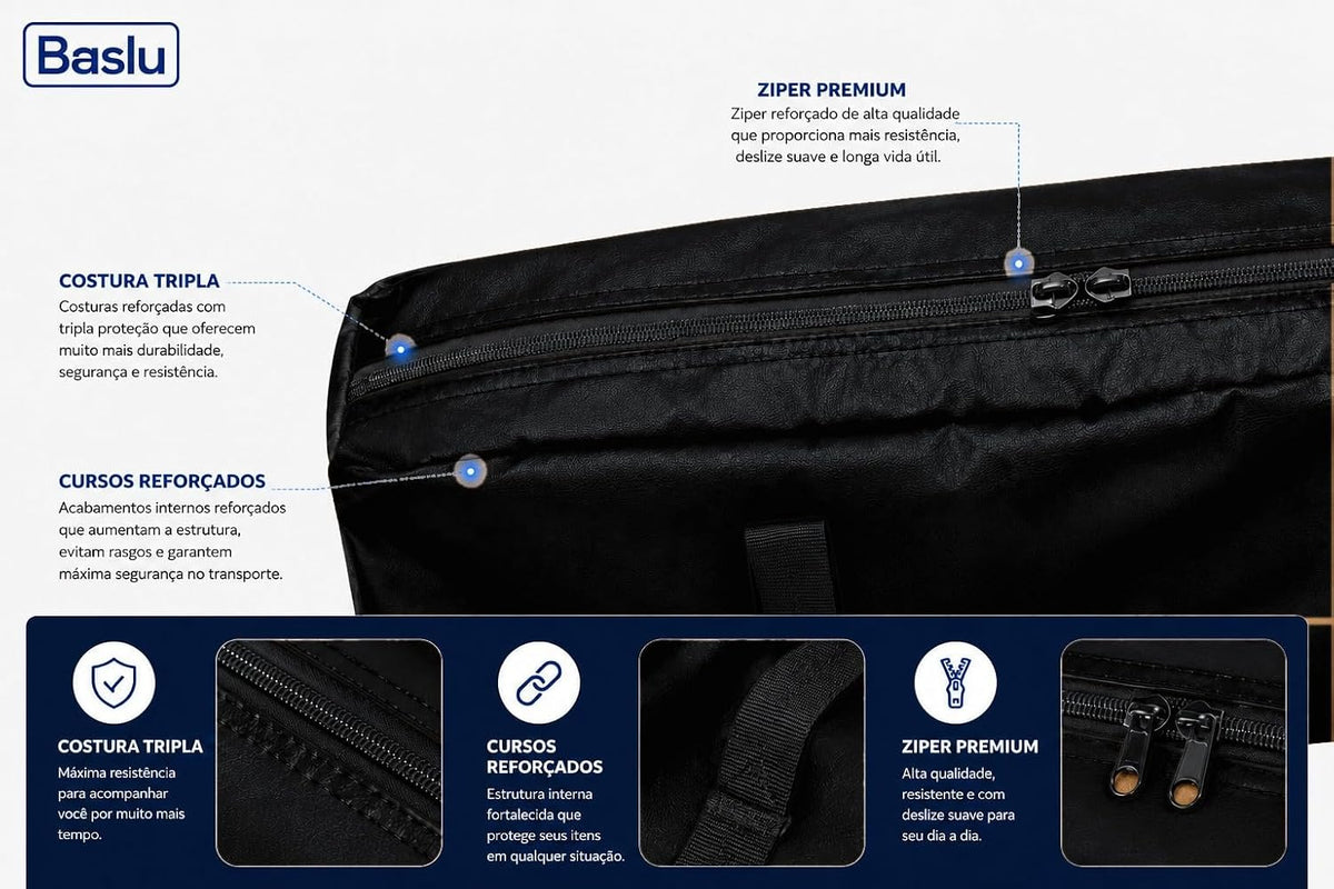 Detalhes da bolsa porta patinete Baslu preta: costura tripla, zíper reforçado e alças