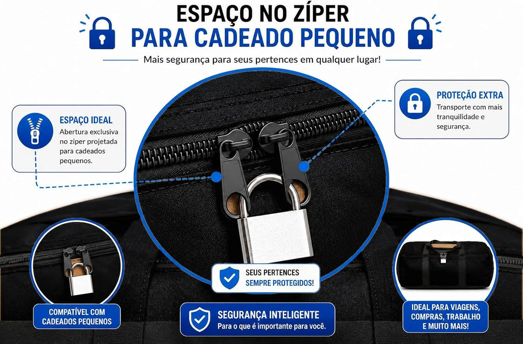 Zíper com espaço para cadeado pequeno na bolsa porta patinete Baslu preta