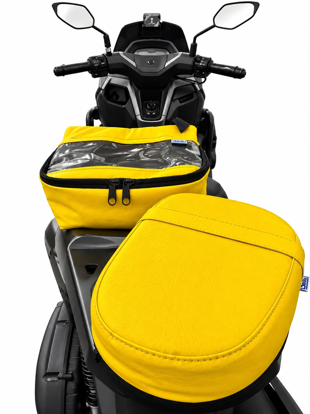 Kit Baslu amarelo: almofada de garupa e bolsa de guidão para moto e scooter, vista de cima