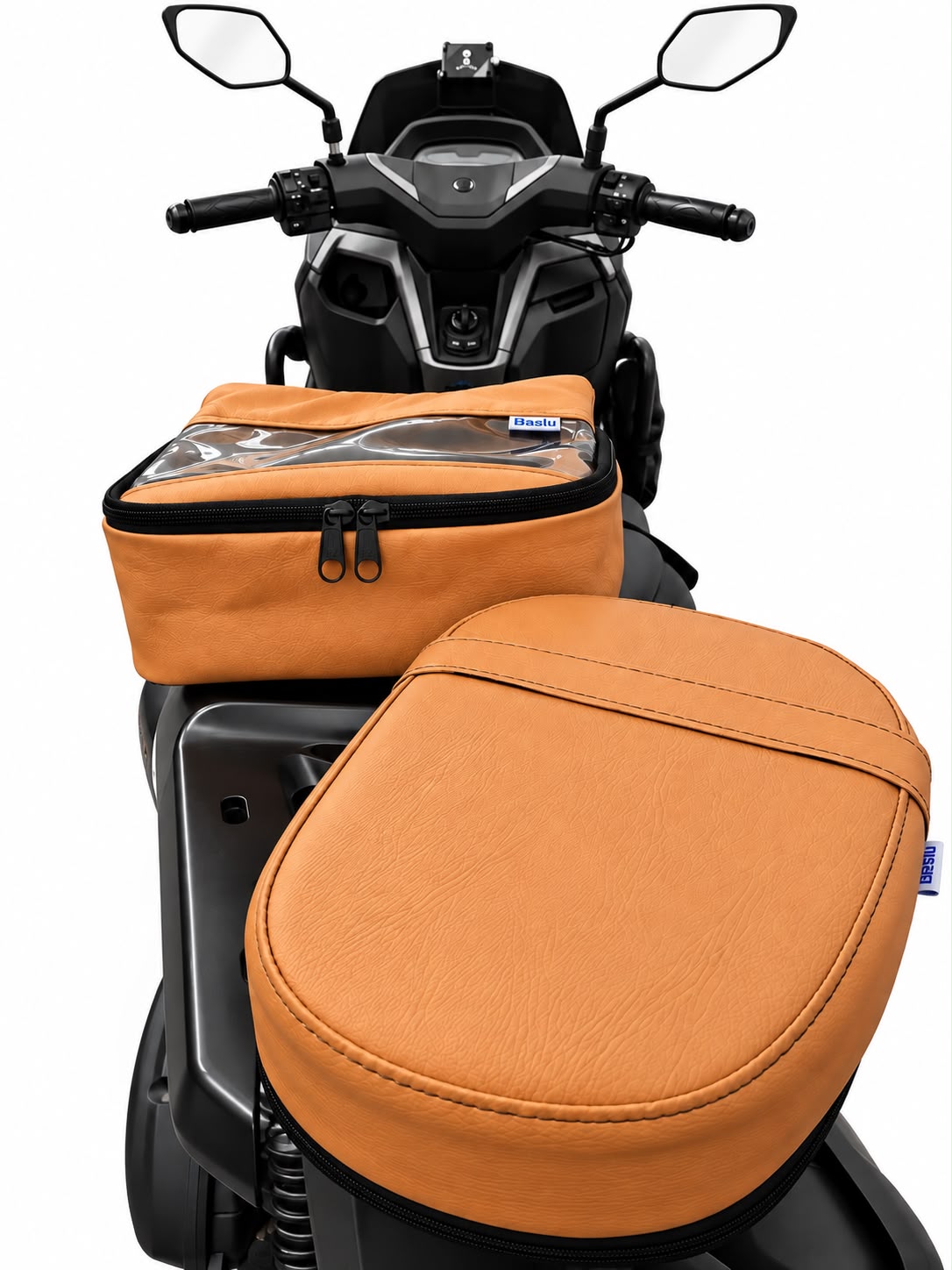 Kit Baslu caramelo: almofada de garupa e bolsa de guidão para moto e scooter, vista de cima