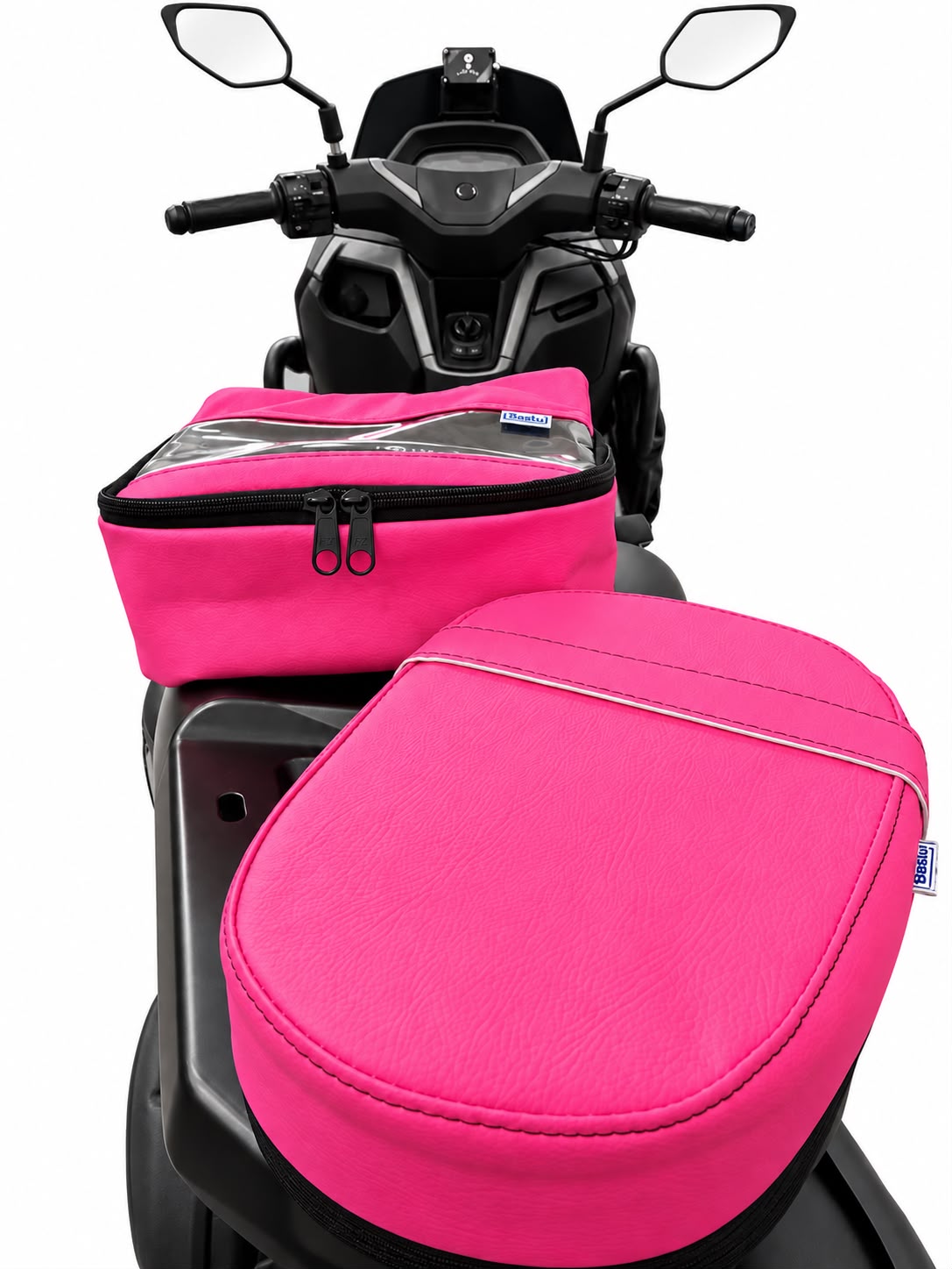 Kit Baslu pink: almofada de garupa e bolsa de guidão para moto e scooter, vista de cima