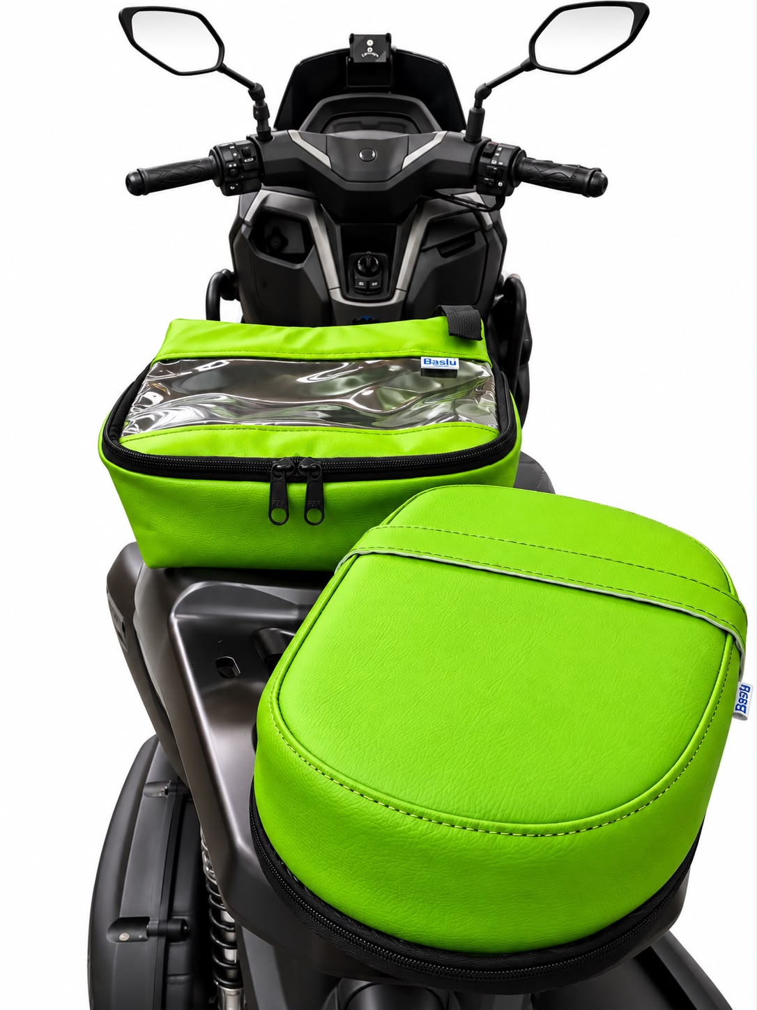 Kit Baslu verde claro: almofada de garupa e bolsa de guidão para moto e scooter, vista de cima