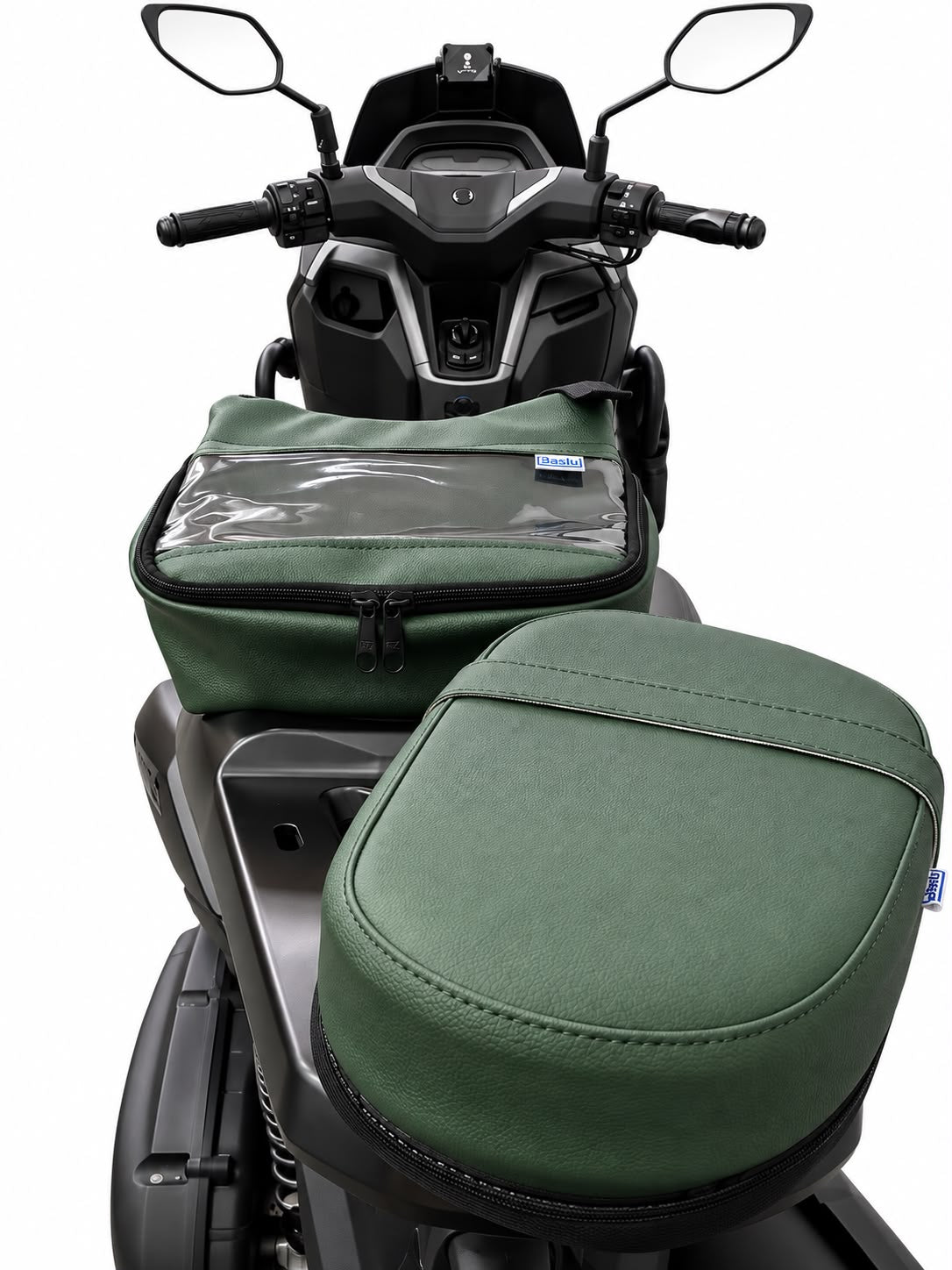 Kit Baslu verde militar: almofada de garupa e bolsa de guidão para moto e scooter, vista de cima