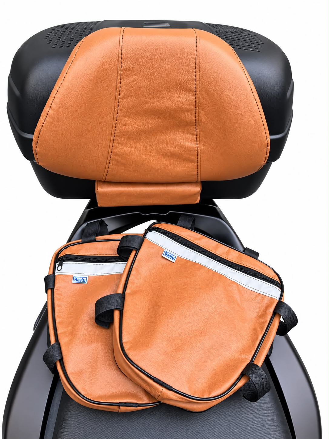Kit Encosto Premium + Alforje Frontal Retangular Baslu caramelo: produto isolado, vista traseira do encosto com o alforje