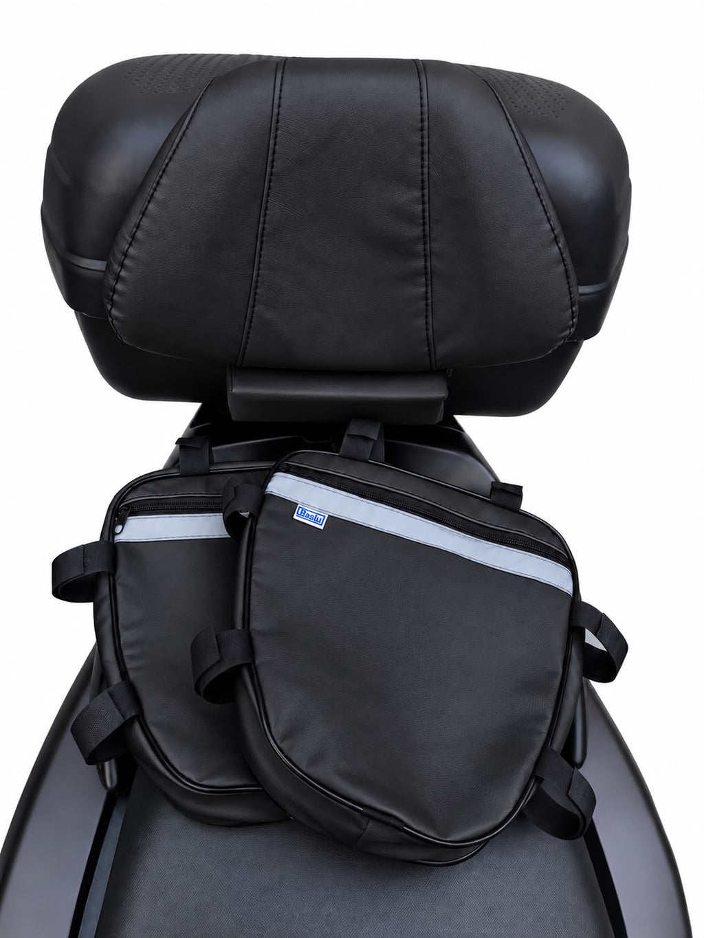 Kit Encosto Premium + Alforje Frontal Retangular Baslu preto: produto isolado, vista traseira do encosto com o alforje