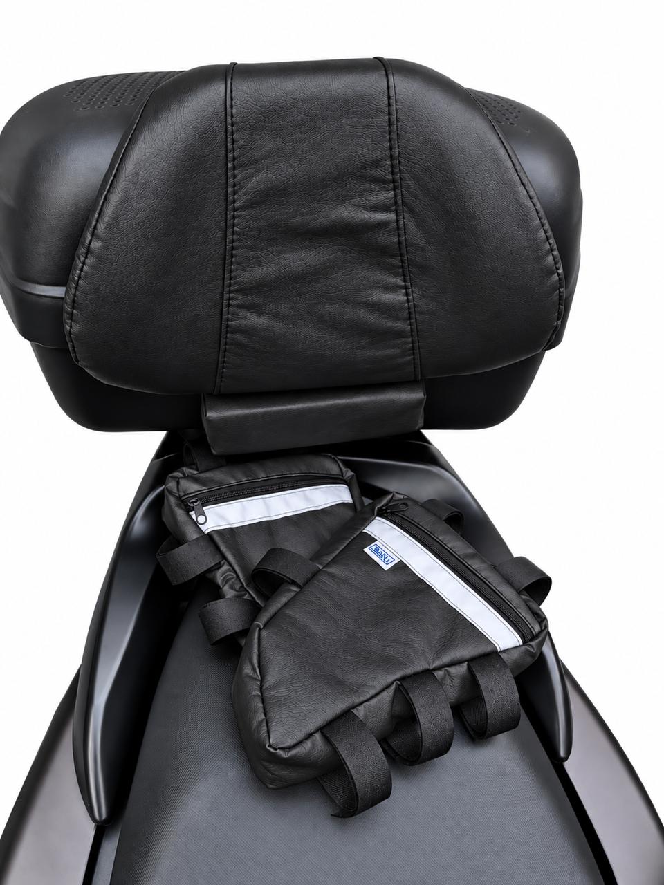 Kit Encosto Premium + Alforje Frontal em V Baslu preto: produto isolado, vista traseira do encosto com o alforje