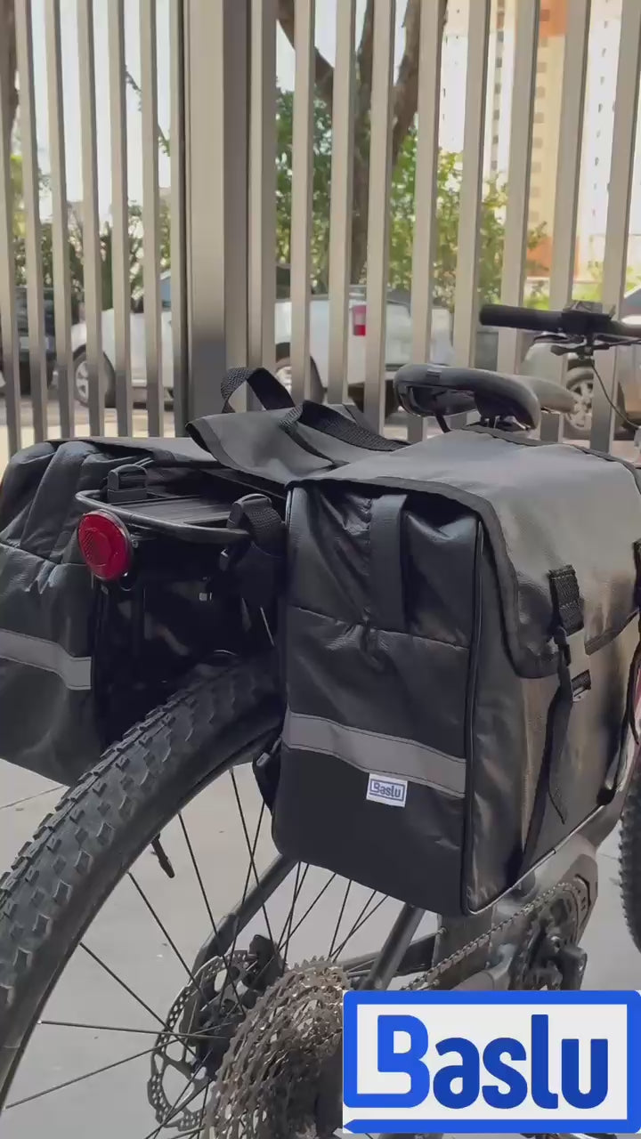 Vídeo do Alforje 40L Bike Baslu preto montado na bicicleta