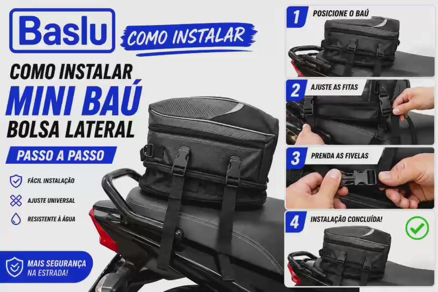Vídeo demonstrativo da Bolsa Expansiva Baslu 21L: instalação na moto, capacidade impermeável e uso do compartimento para capacete