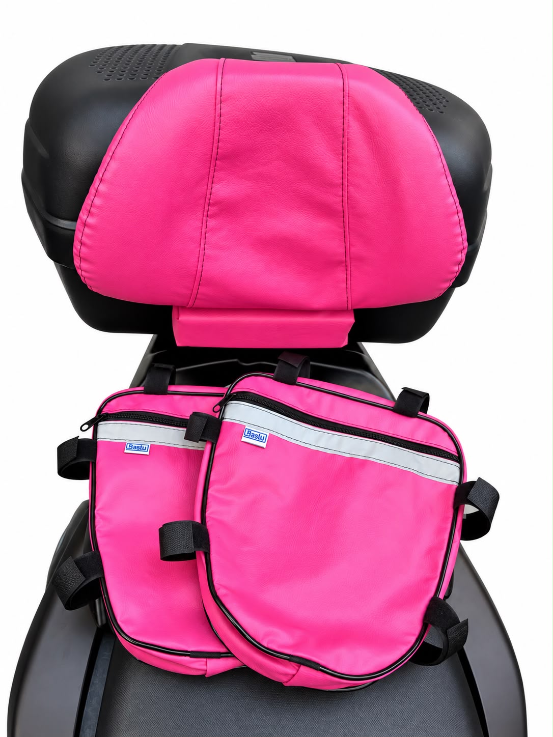 Kit Encosto Premium + Alforje Frontal Retangular Baslu pink: produto isolado, close-up do encosto com o alforje