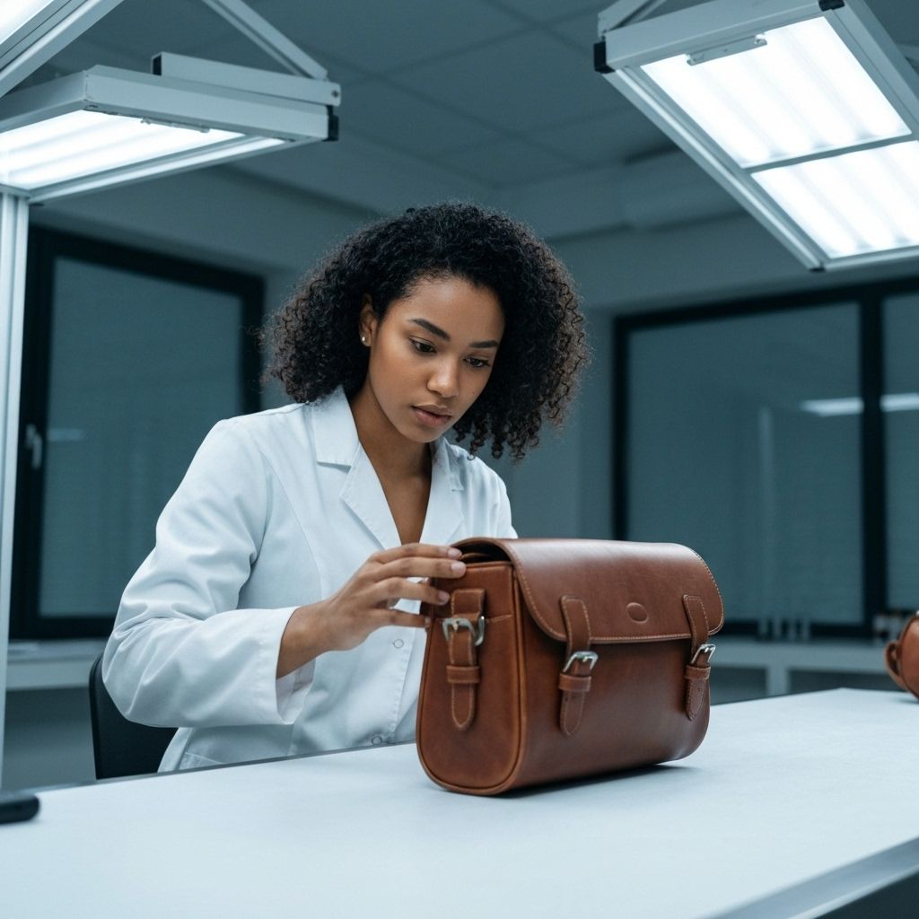 Técnico de jaleco branco analisando alforge de couro em laboratório de controle de qualidade