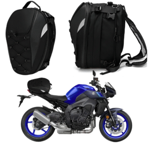 Alforge lateral e bolsa traseira para moto Baslu, cor preta, com design esportivo e grande capacidade para bagagem, instalados em moto azul, ideal para viagens e uso diário.