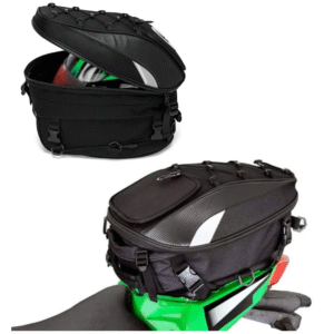 Alforge lateral e bolsa traseira para moto Baslu, cor preta, com design esportivo e grande capacidade para bagagem, instalados em moto azul, ideal para viagens e uso diário.