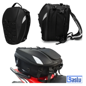 Alforge lateral e bolsa traseira para moto Baslu, cor preta, com design esportivo e grande capacidade para bagagem, instalados em moto azul, ideal para viagens e uso diário.